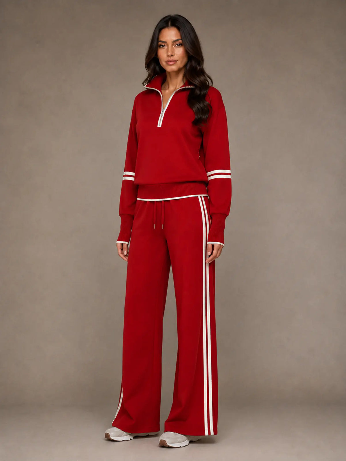 Women's Half-Zip Lounge Set – Relaxed Wide Leg Style in Red – Hover view