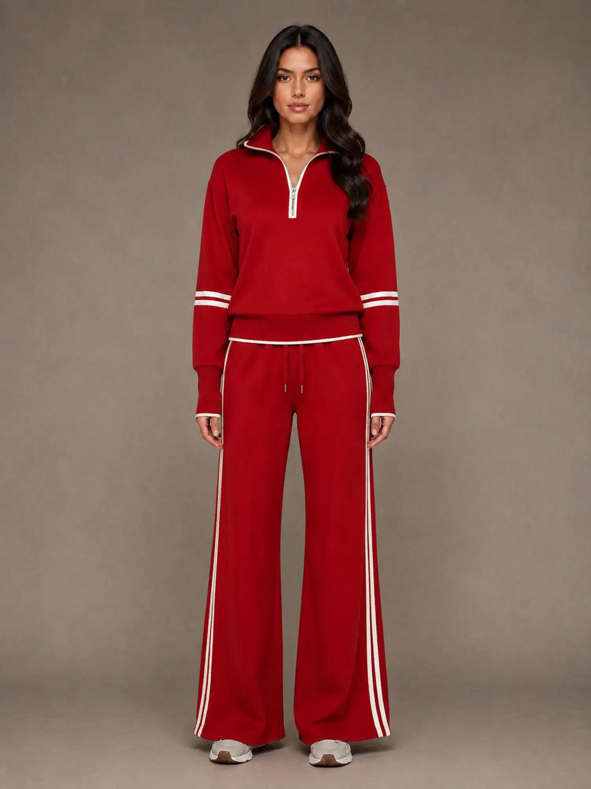 Women's Half-Zip Lounge Set – Relaxed Wide Leg Style in Red – Main view