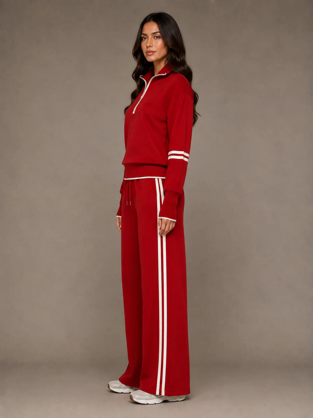 Women's Half-Zip Lounge Set – Relaxed Wide Leg Style in Red – Side view