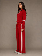 Women's Half-Zip Lounge Set – Relaxed Wide Leg Style in Red – Side view