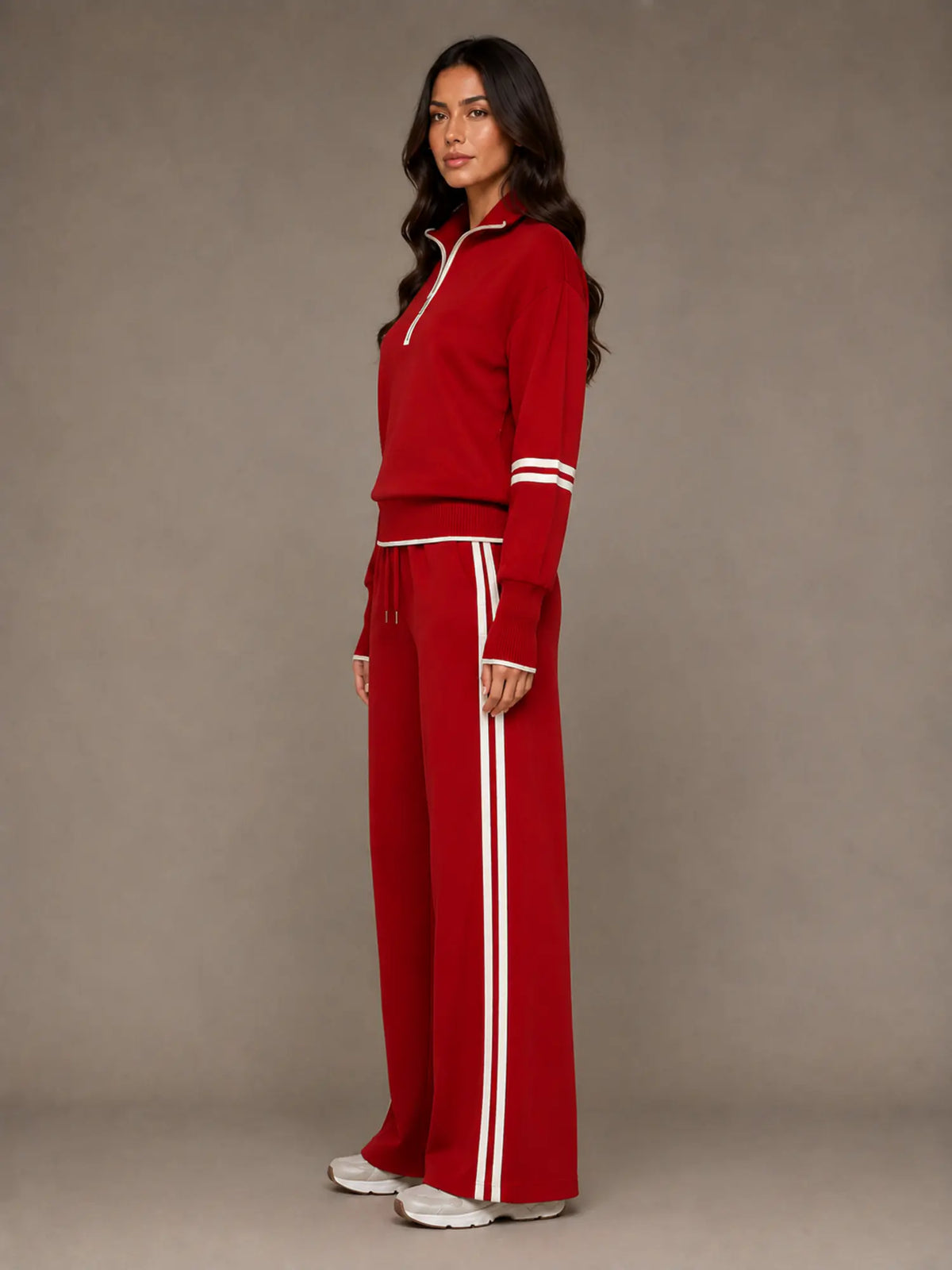 Women's Half-Zip Lounge Set – Relaxed Wide Leg Style in Red – Side view