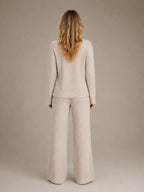 Women's Ribbed Lounge Set – V-Neck & Wide Leg in Beige – Back view