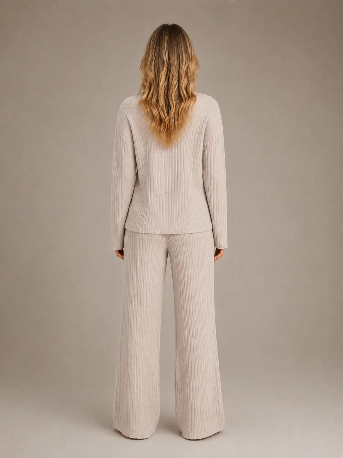 Women's Ribbed Lounge Set – V-Neck & Wide Leg in Beige – Back view