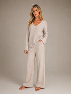 Women's Ribbed Lounge Set – V-Neck & Wide Leg in Beige – Hover view