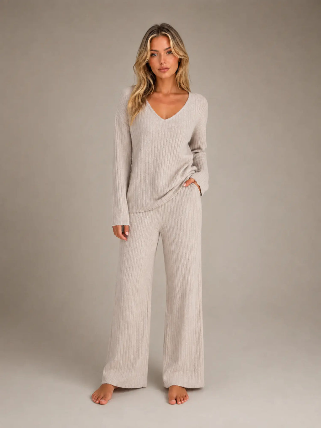 Women's Ribbed Lounge Set – V-Neck & Wide Leg in Beige – Main view