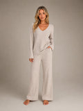 Women's Ribbed Lounge Set – V-Neck & Wide Leg in Beige – Main view