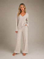 Women's Ribbed Lounge Set – V-Neck & Wide Leg in Beige – Main view