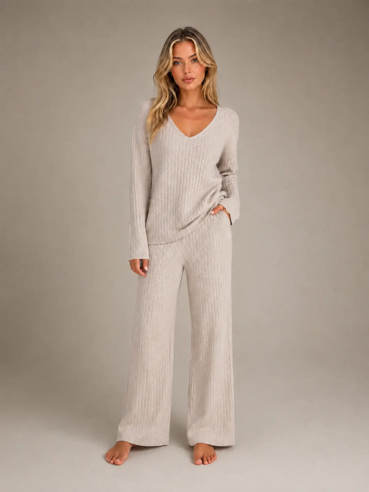 Women's Ribbed Lounge Set – V-Neck & Wide Leg in Beige – Main view