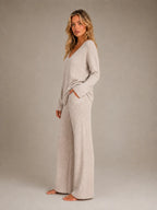 Women's Ribbed Lounge Set – V-Neck & Wide Leg in Beige – Side view