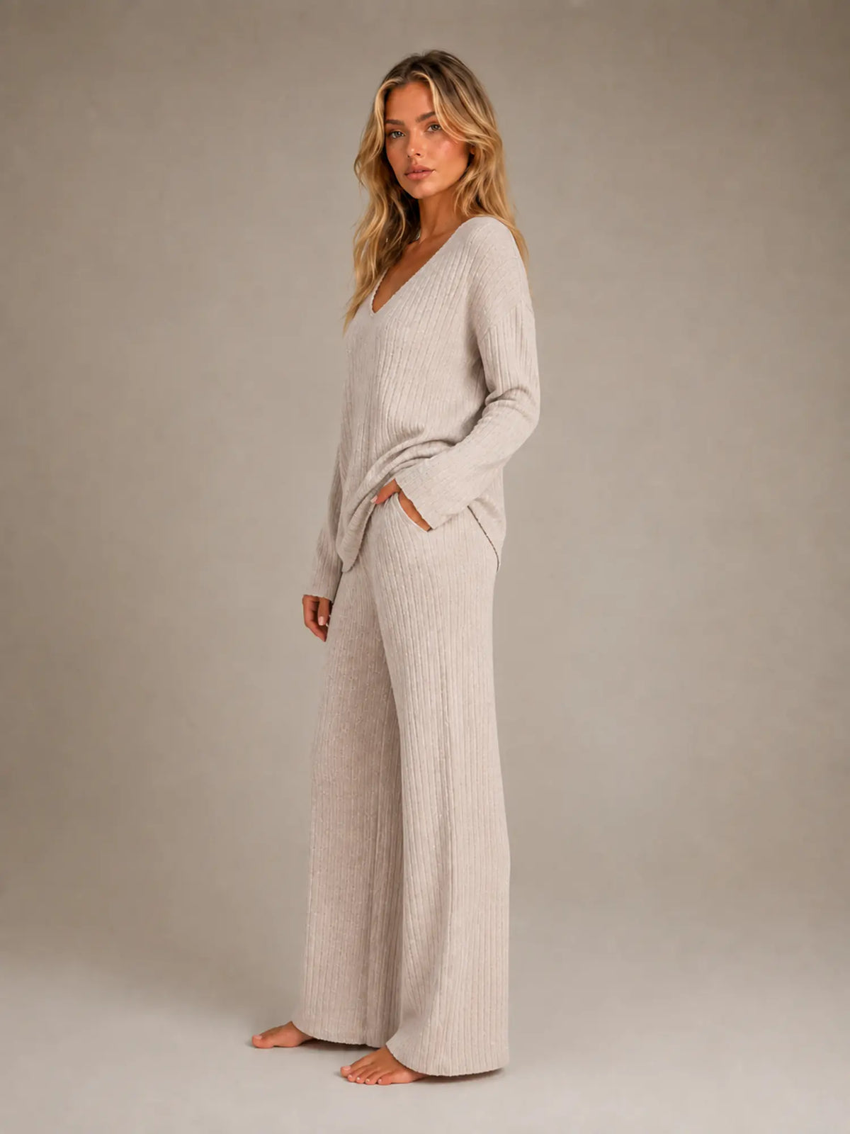 Women's Ribbed Lounge Set – V-Neck & Wide Leg in Beige – Side view