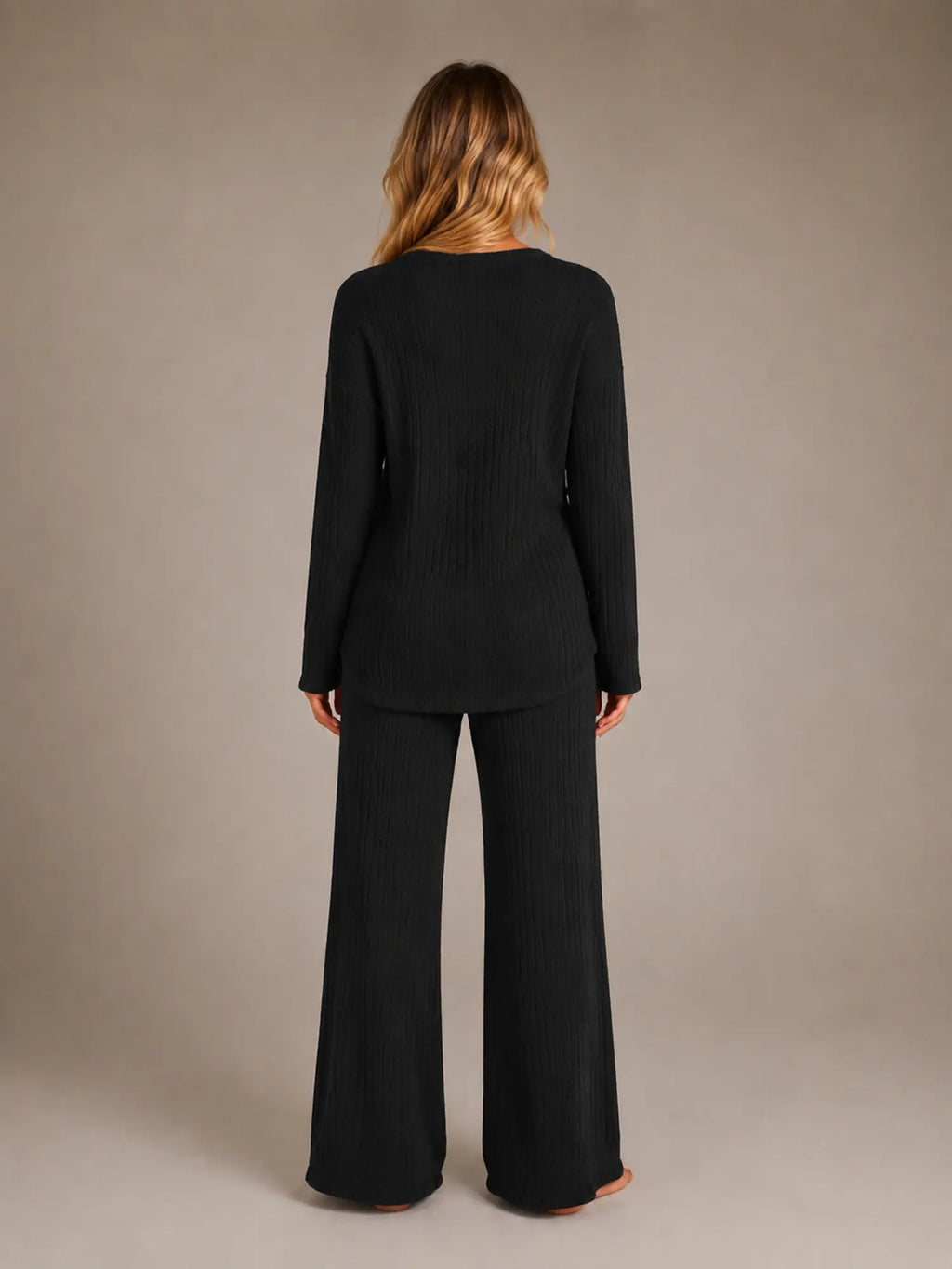 Women's Ribbed Lounge Set – V-Neck & Wide Leg in Black – Back view