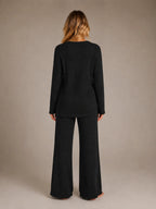 Women's Ribbed Lounge Set – V-Neck & Wide Leg in Black – Back view