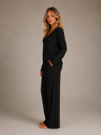 Women's Ribbed Lounge Set – V-Neck & Wide Leg in Black – Side view