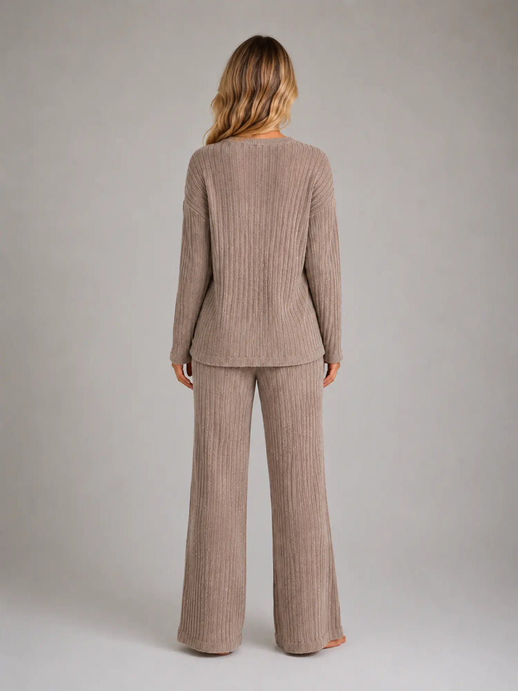 Women's Ribbed Lounge Set – V-Neck & Wide Leg in Brown – Back view