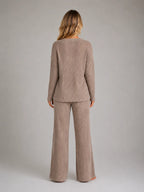 Women's Ribbed Lounge Set – V-Neck & Wide Leg in Brown – Back view