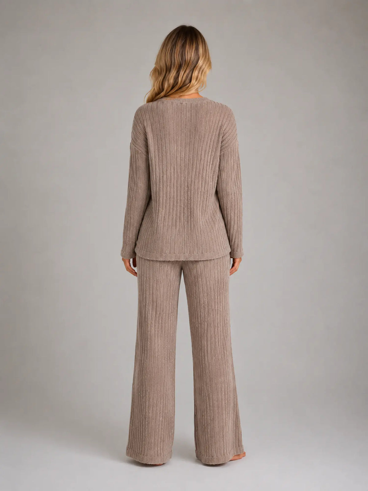 Women's Ribbed Lounge Set – V-Neck & Wide Leg in Brown – Back view