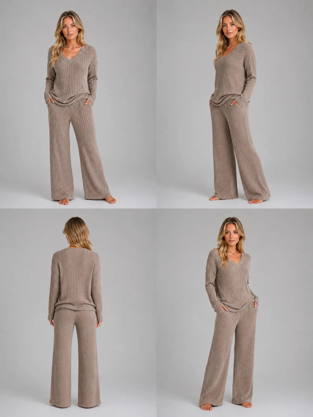 Women's Ribbed Lounge Set – V-Neck & Wide Leg in Brown – Hover view