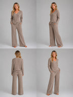 Women's Ribbed Lounge Set – V-Neck & Wide Leg in Brown – Hover view