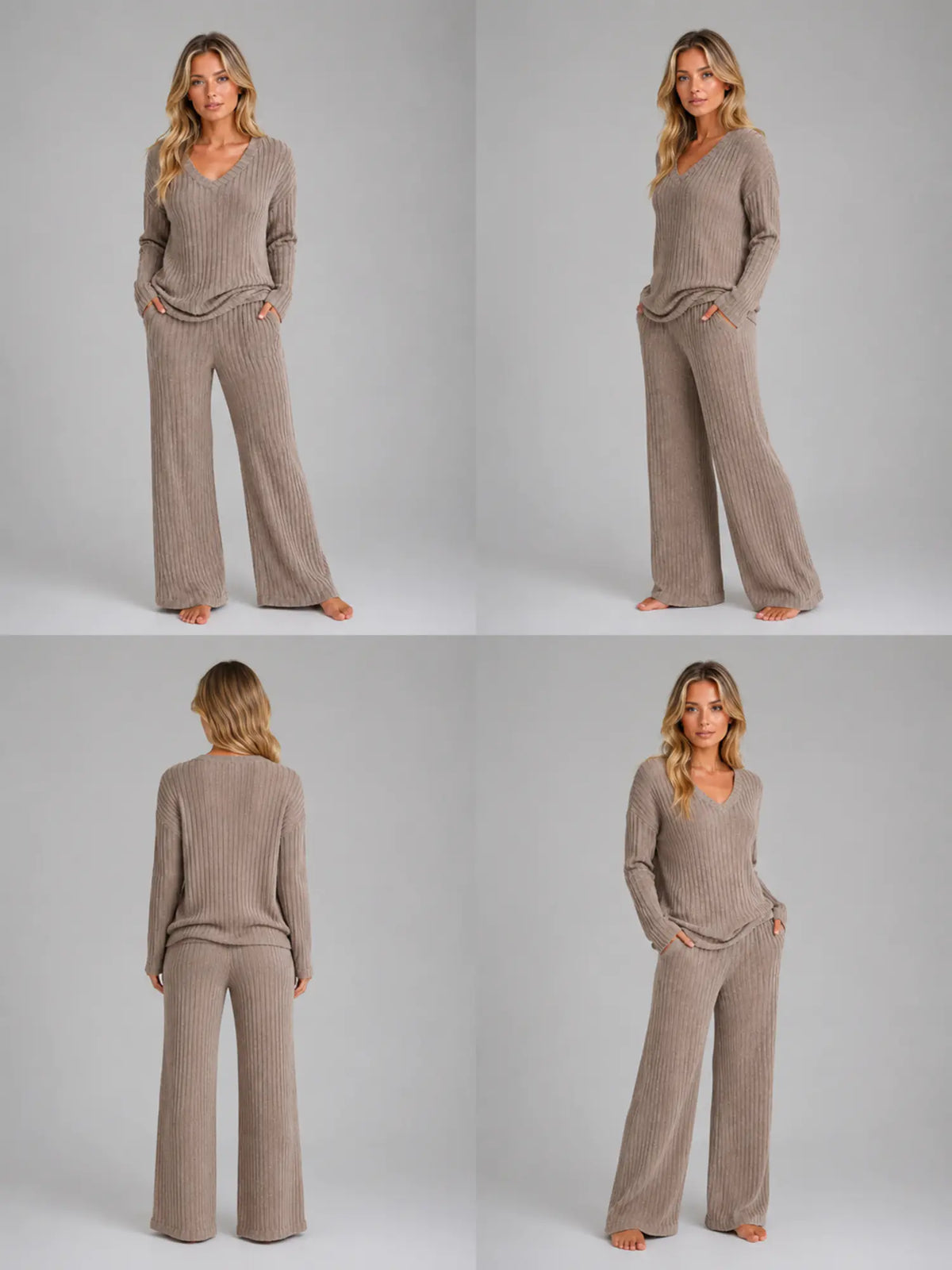Women's Ribbed Lounge Set – V-Neck & Wide Leg in Brown – Hover view