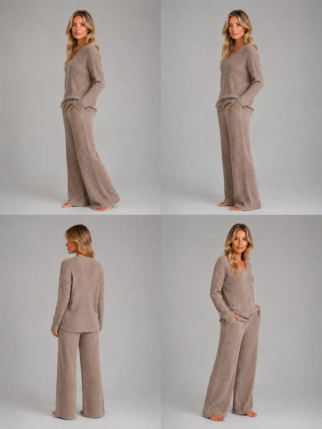 Women's Ribbed Lounge Set – V-Neck & Wide Leg in Brown – Side view