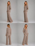 Women's Ribbed Lounge Set – V-Neck & Wide Leg in Brown – Side view