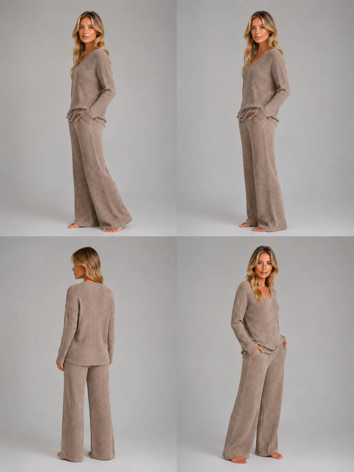 Women's Ribbed Lounge Set – V-Neck & Wide Leg in Brown – Side view