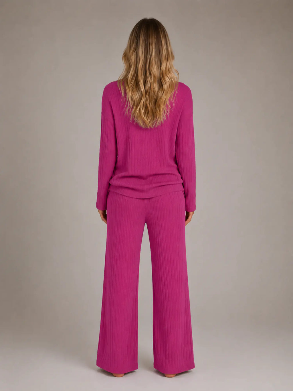 Women's Ribbed Lounge Set – V-Neck & Wide Leg in Fuchsia – Back view