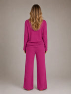 Women's Ribbed Lounge Set – V-Neck & Wide Leg in Fuchsia – Back view
