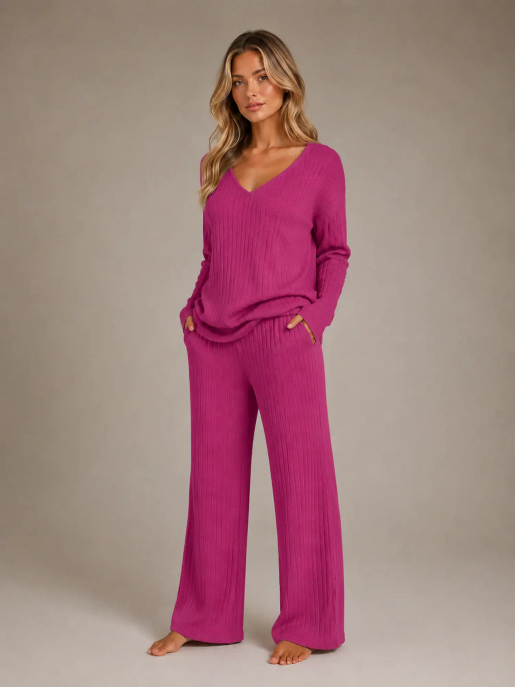 Women's Ribbed Lounge Set – V-Neck & Wide Leg in Fuchsia – Hover view