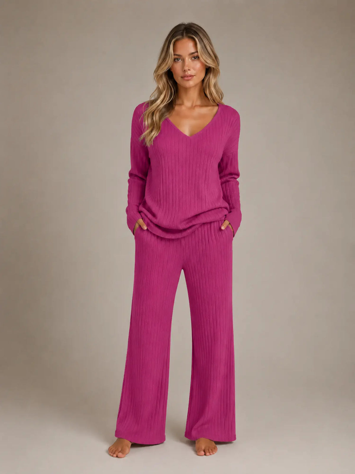 Women's Ribbed Lounge Set – V-Neck & Wide Leg in Fuchsia – Main view
