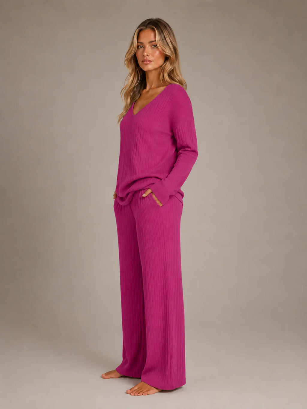 Women's Ribbed Lounge Set – V-Neck & Wide Leg in Fuchsia – Side view