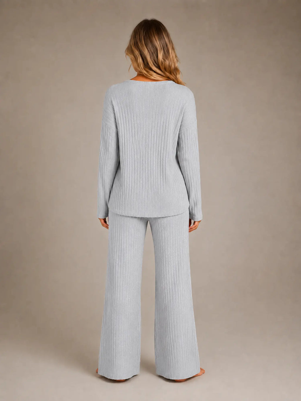 Women's Ribbed Lounge Set – V-Neck & Wide Leg in Grey – Back view