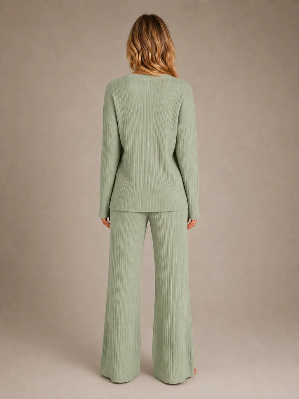 Women's Ribbed Lounge Set – V-Neck & Wide Leg in Sage Green – Back view