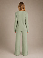 Women's Ribbed Lounge Set – V-Neck & Wide Leg in Sage Green – Back view