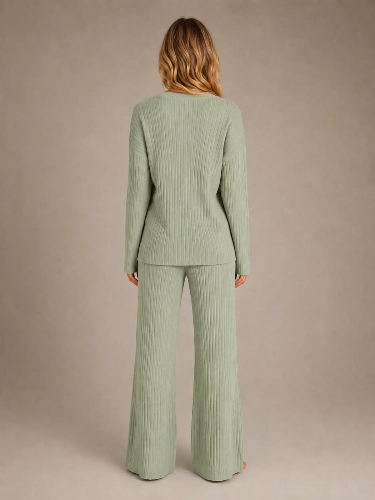 Women's Ribbed Lounge Set – V-Neck & Wide Leg in Sage Green – Back view