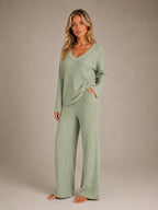 Women's Ribbed Lounge Set – V-Neck & Wide Leg in Sage Green – Hover view