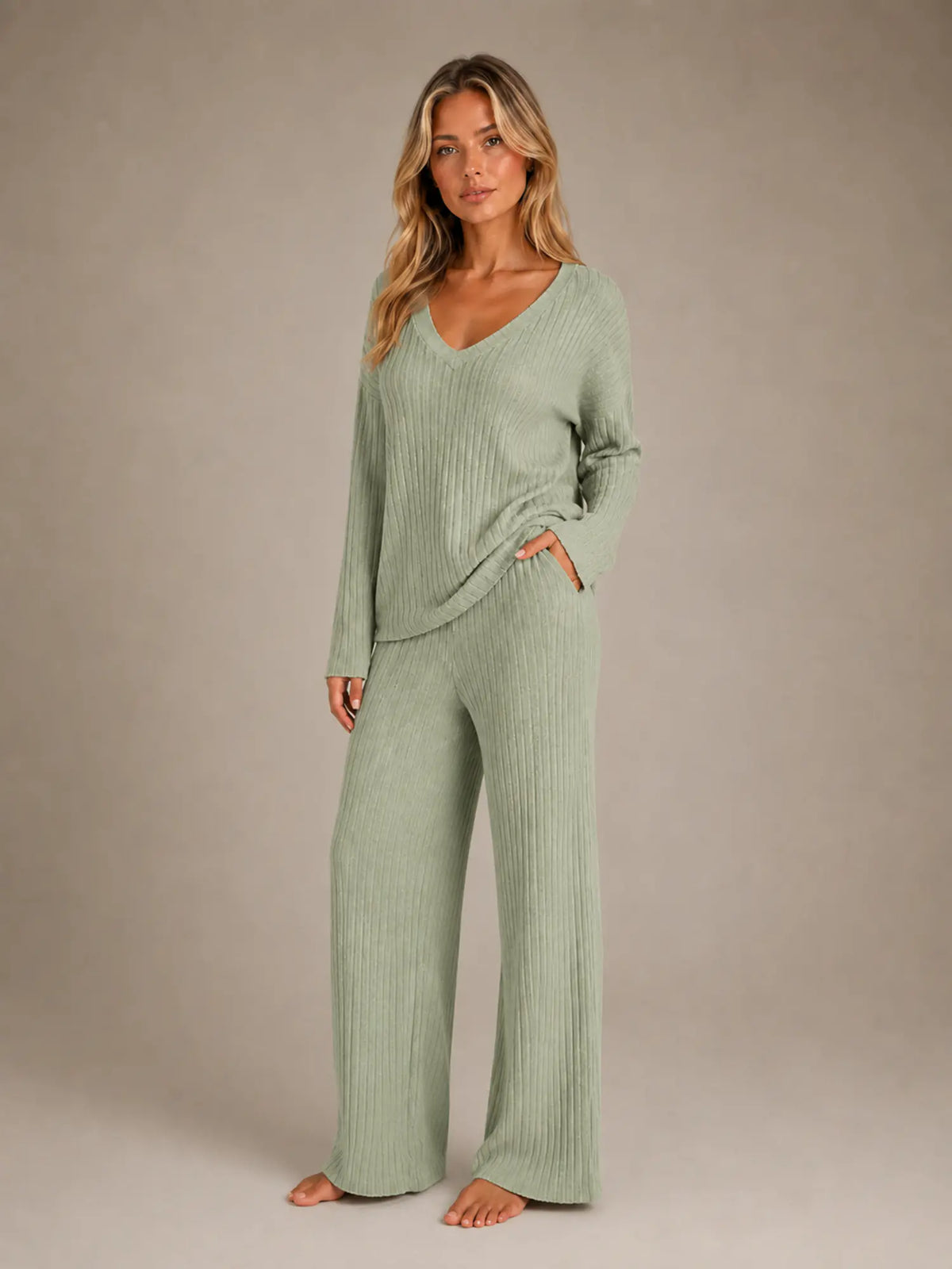 Women's Ribbed Lounge Set – V-Neck & Wide Leg in Sage Green – Hover view