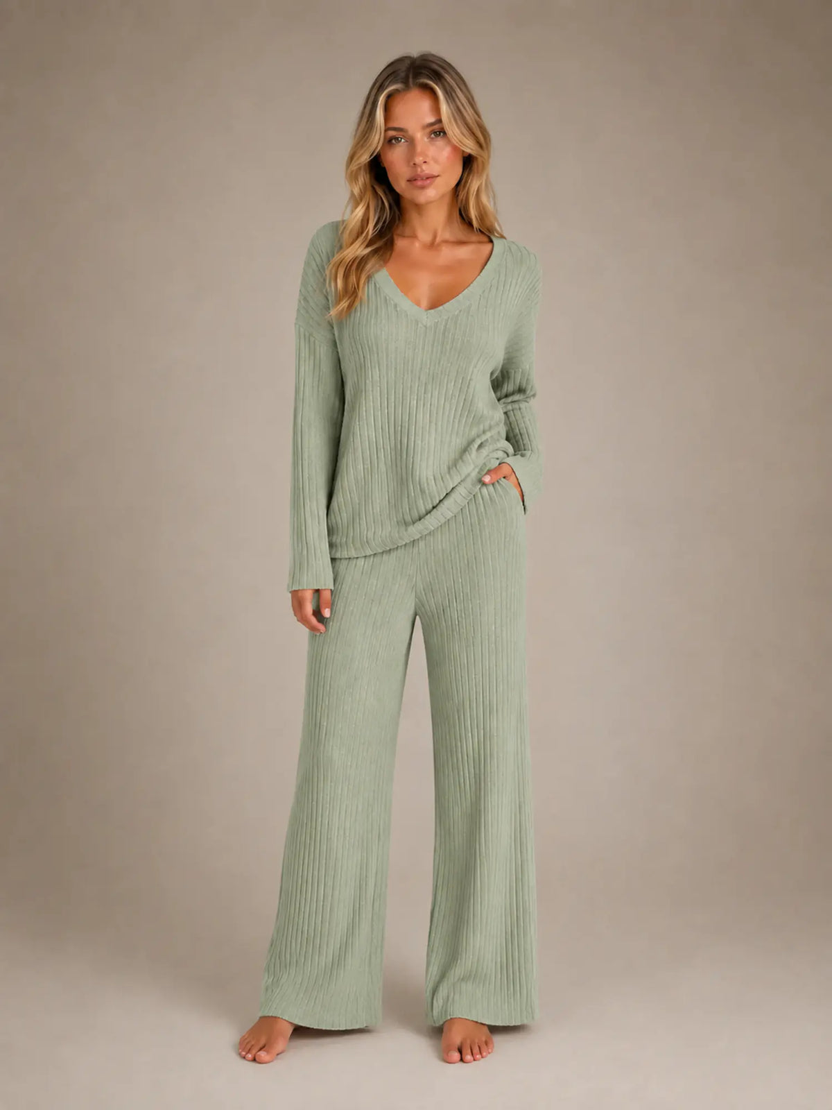 Women's Ribbed Lounge Set – V-Neck & Wide Leg in Sage Green – Main view