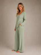 Women's Ribbed Lounge Set – V-Neck & Wide Leg in Sage Green – Side view