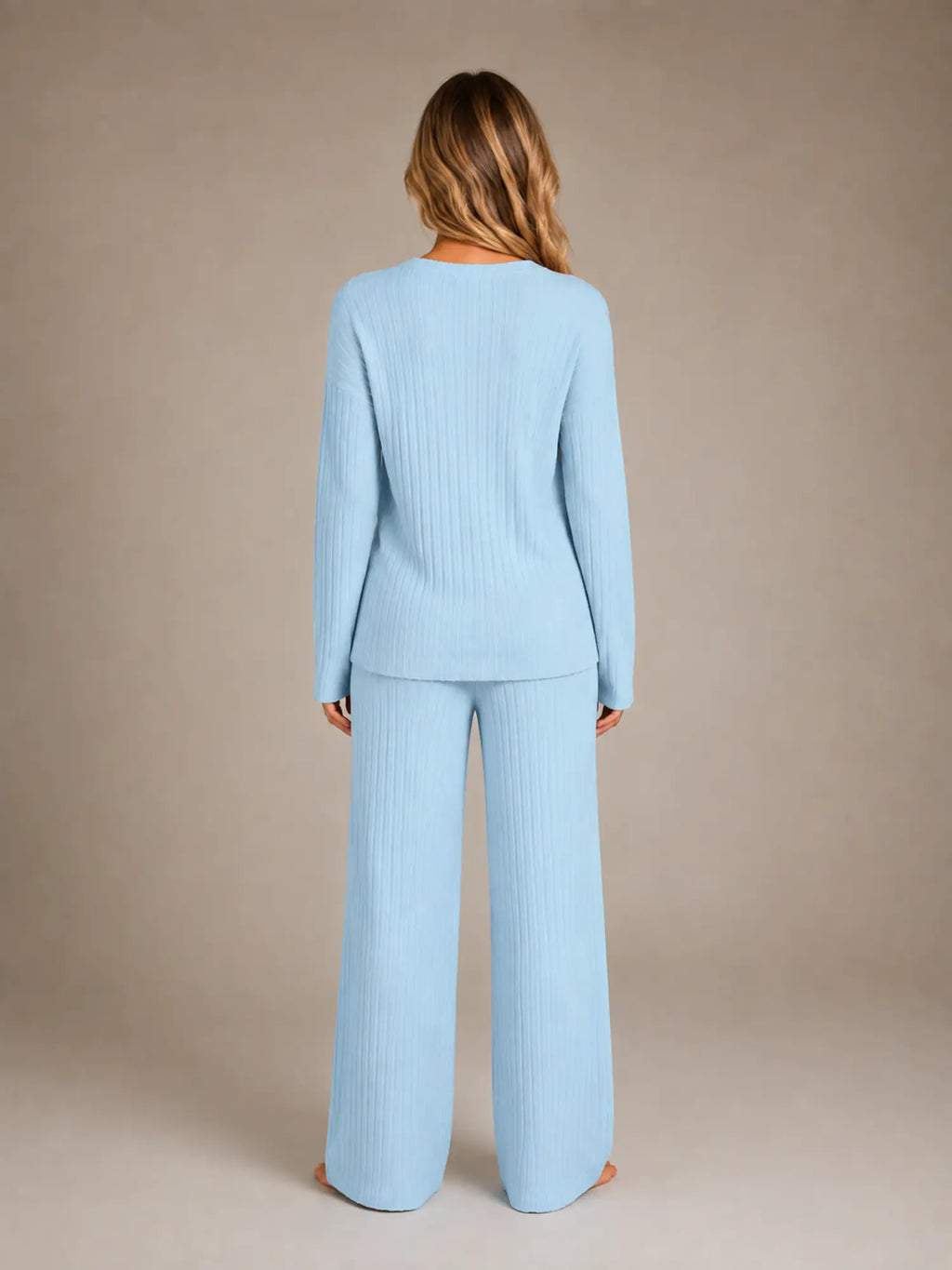 Women's Ribbed Lounge Set – V-Neck & Wide Leg in Sky Blue – Back view