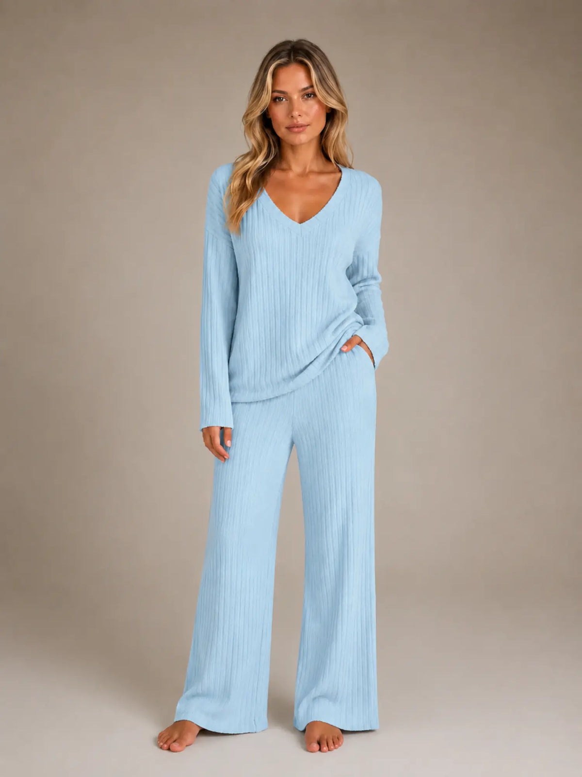 Women's Ribbed Lounge Set – V-Neck & Wide Leg in Sky Blue – Main view
