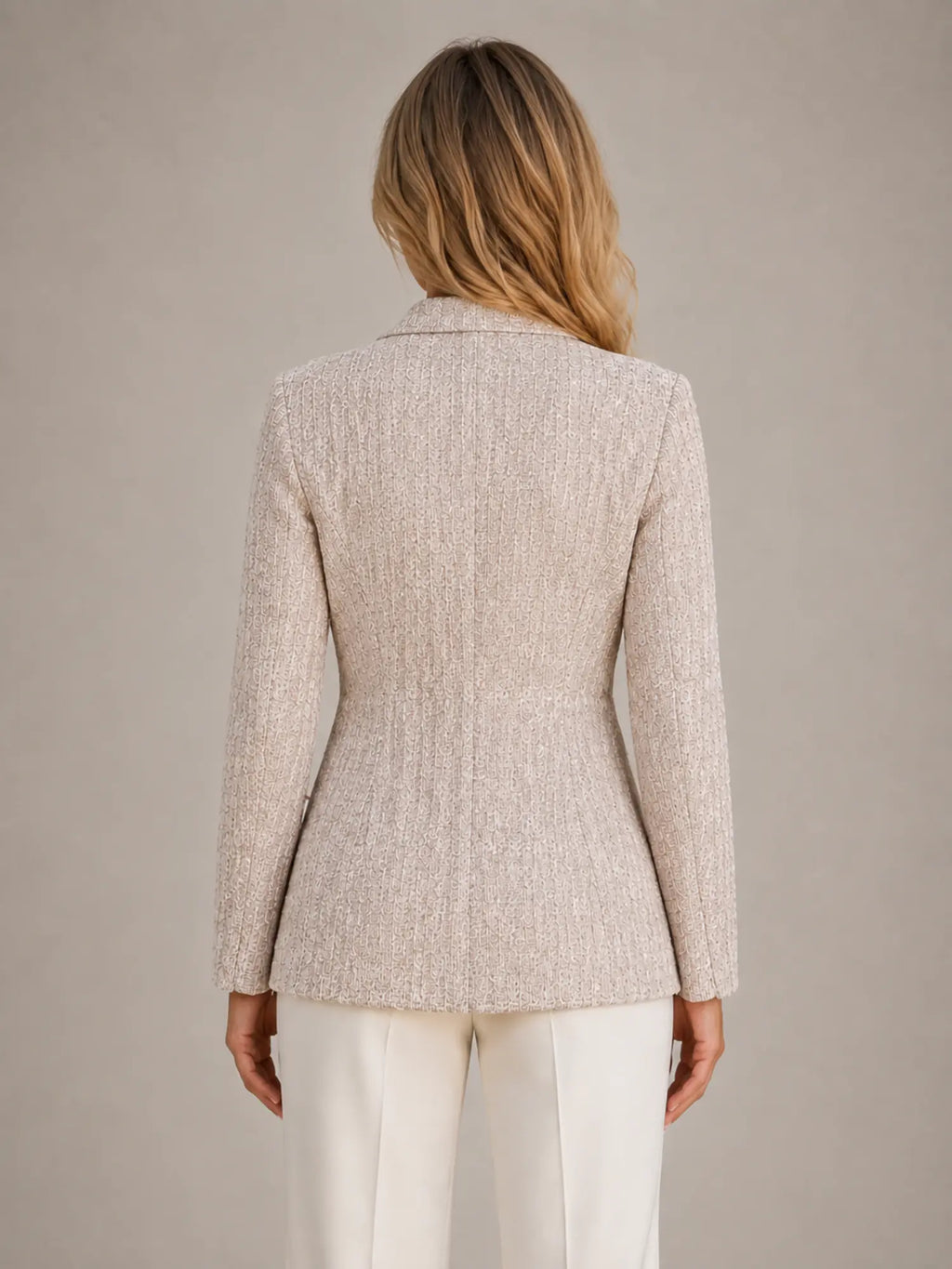 Women's Tweed Blazer – Double-Breasted Tailored Style in Soft Beige – Back view