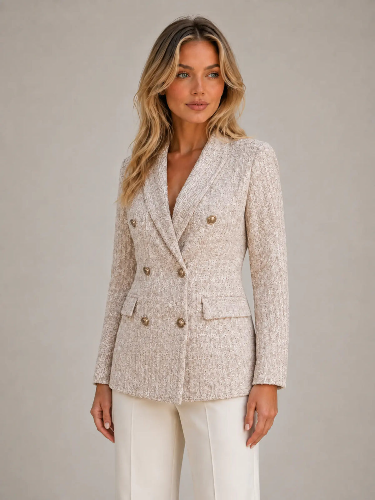 Women's Tweed Blazer – Double-Breasted Tailored Style in Soft Beige – Hover view
