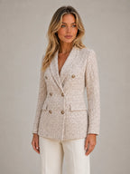 Women's Tweed Blazer – Double-Breasted Tailored Style in Soft Beige – Hover view