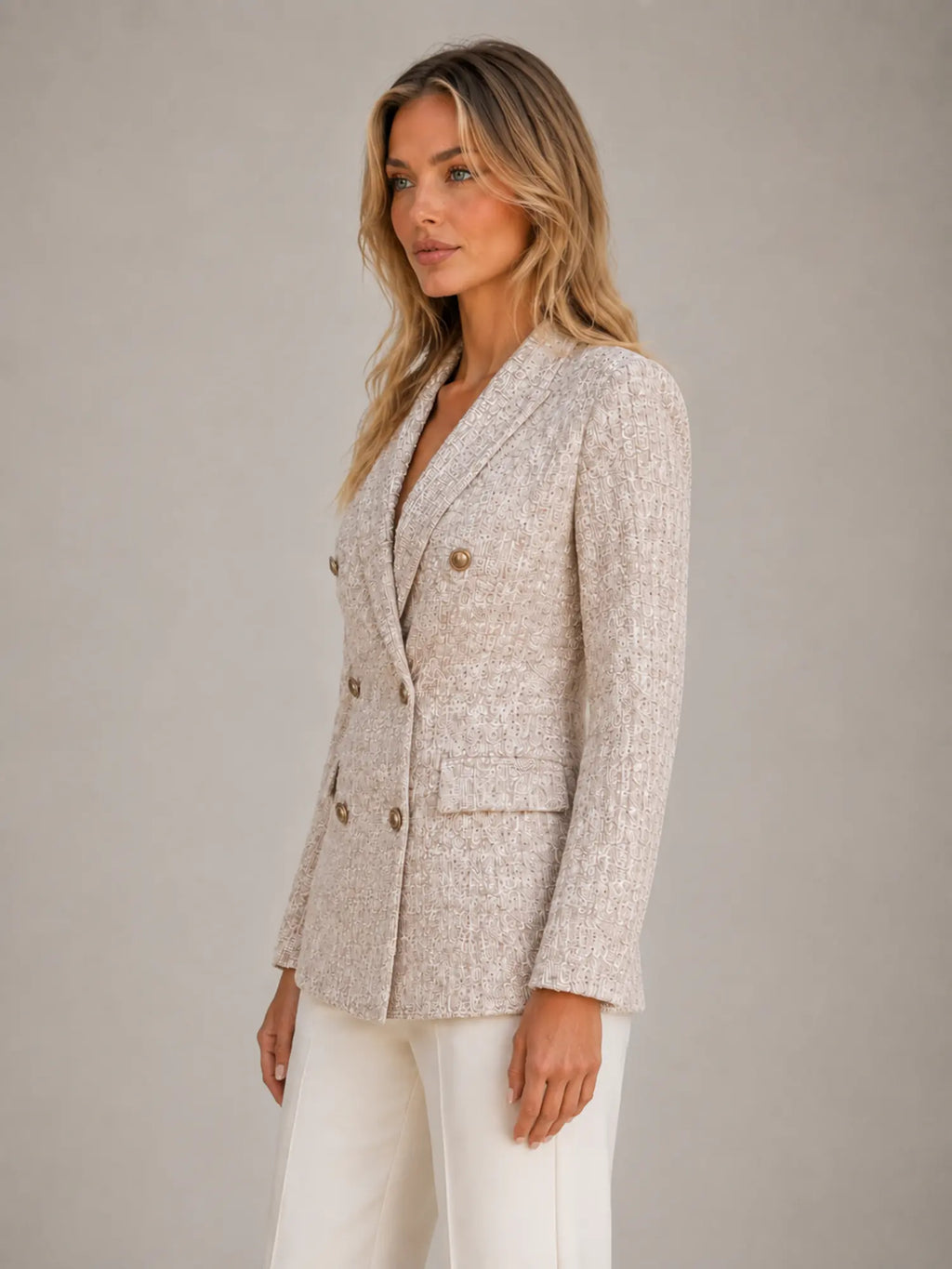 Women's Tweed Blazer – Double-Breasted Tailored Style in Soft Beige – Side view