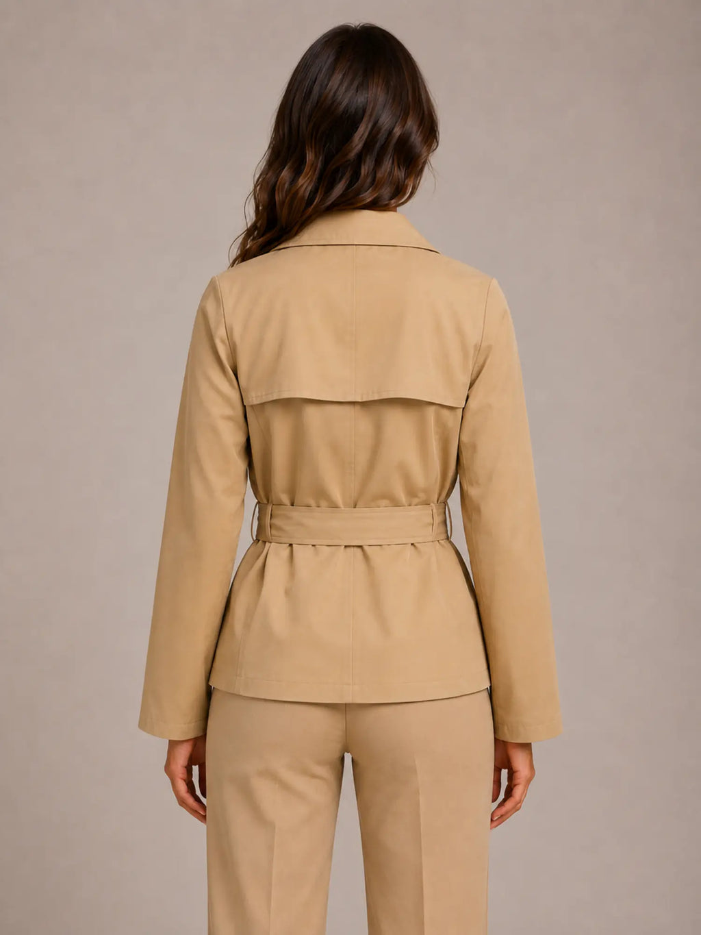 Women's Cropped Trench Jacket – Double-Breasted Tie Waist in Beige – Back view