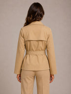 Women's Cropped Trench Jacket – Double-Breasted Tie Waist in Beige – Back view