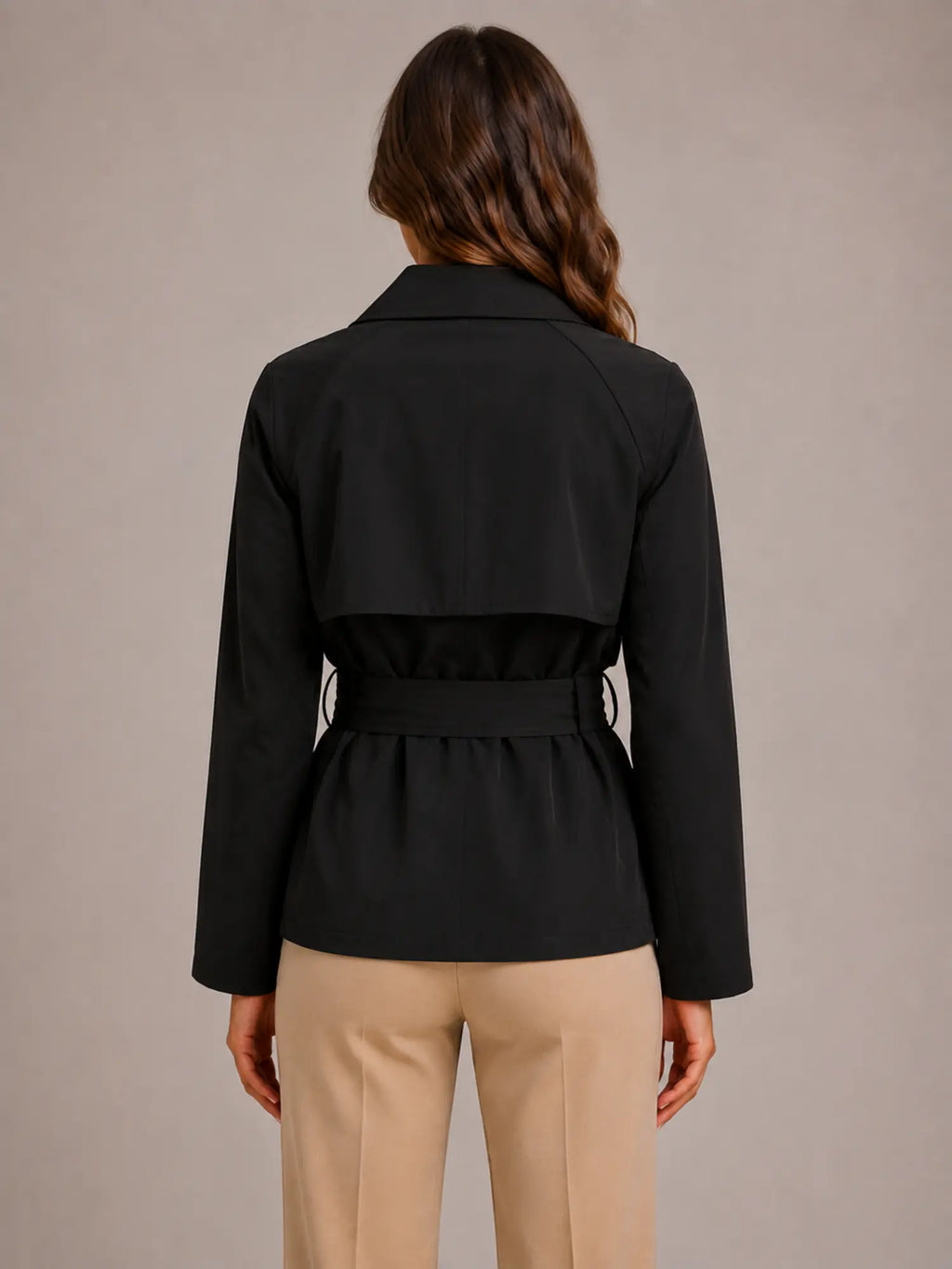 Women's Cropped Trench Jacket – Double-Breasted Tie Waist in Black – Back view