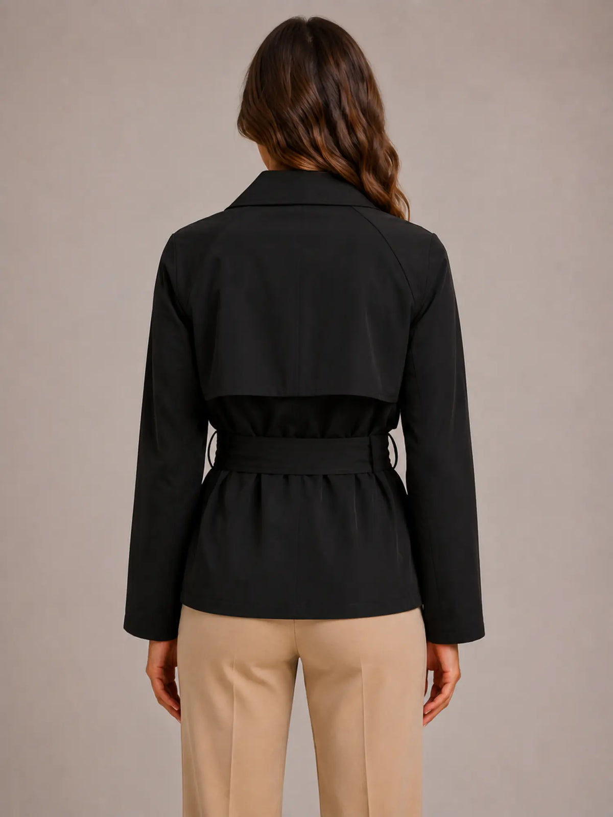 Women's Cropped Trench Jacket – Double-Breasted Tie Waist in Black – Back view