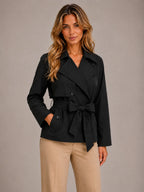 Women's Cropped Trench Jacket – Double-Breasted Tie Waist in Black – Hover view